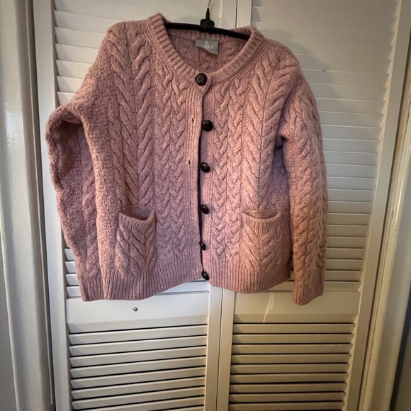 ARAN Cable Knit Merino Wool Cardigan Pink Size M - Picture 1 of 2